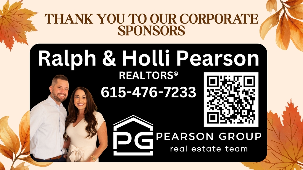 This image promotes our largest corporate sponsor, realtors Ralph and Holli Pearson, with their contact number, QR code, and logo. Autumn leaves around the card.
