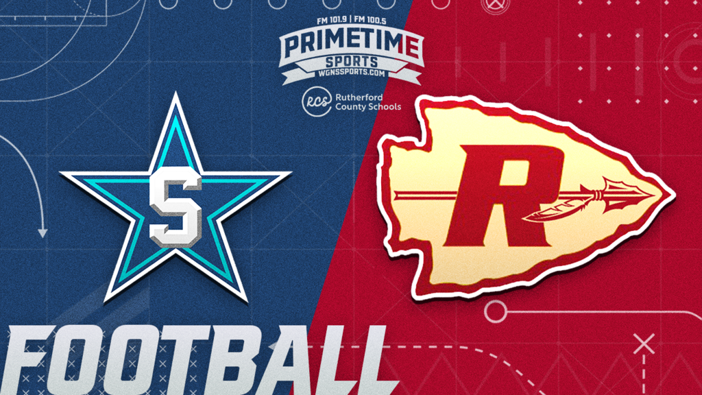 Logos of Siegel High and Riverdale High on blue and red backgrounds, with text "FOOTBALL" below.