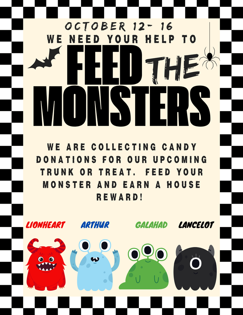 Black and white checkered background with text and cartoon monsters. The title reads, "Feed the Monsters." Four colorful monsters are below the title.