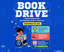 A blue background features an illustration of a child in a wheelchair reading. Text reads "Book Drive" and "Donate books in any participating teacher's classroom. October 12-30."