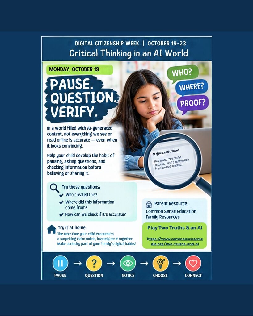 An educational poster shows a woman, blue background, and icons with text about critical thinking in an AI world.