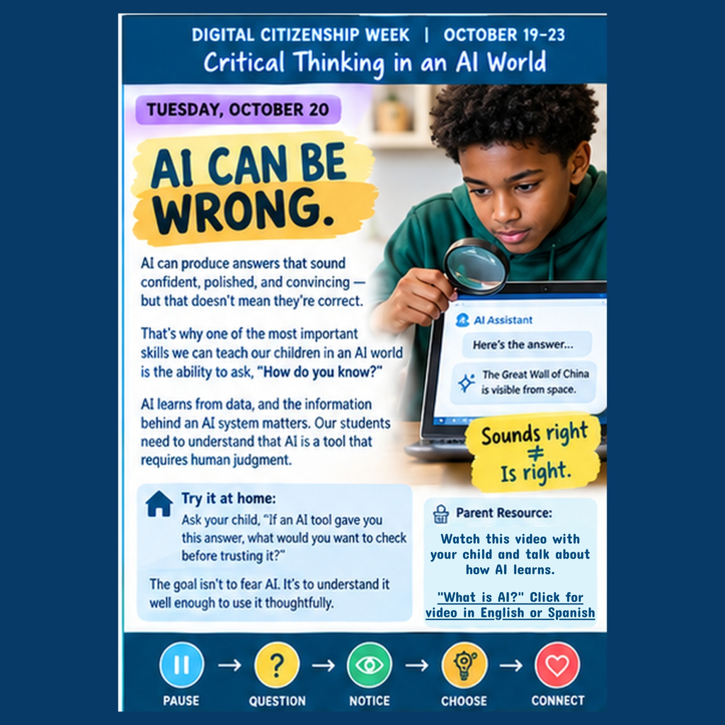A boy examines a computer screen. Text reads "AI can be wrong." Icons with captions: pause, question, notice, choose, connect.
