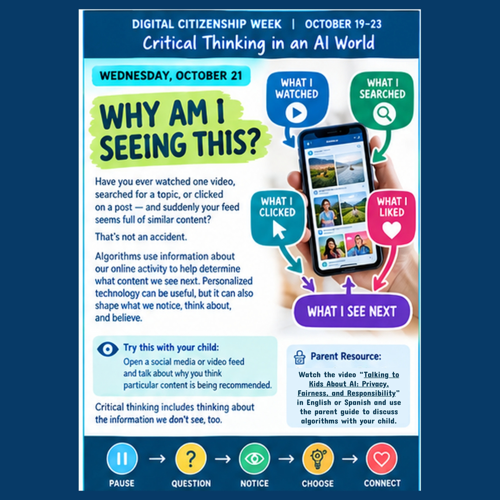 Digital Citizenship Week flyer. A phone displays a search result. Text reads "Why Am I Seeing This?"