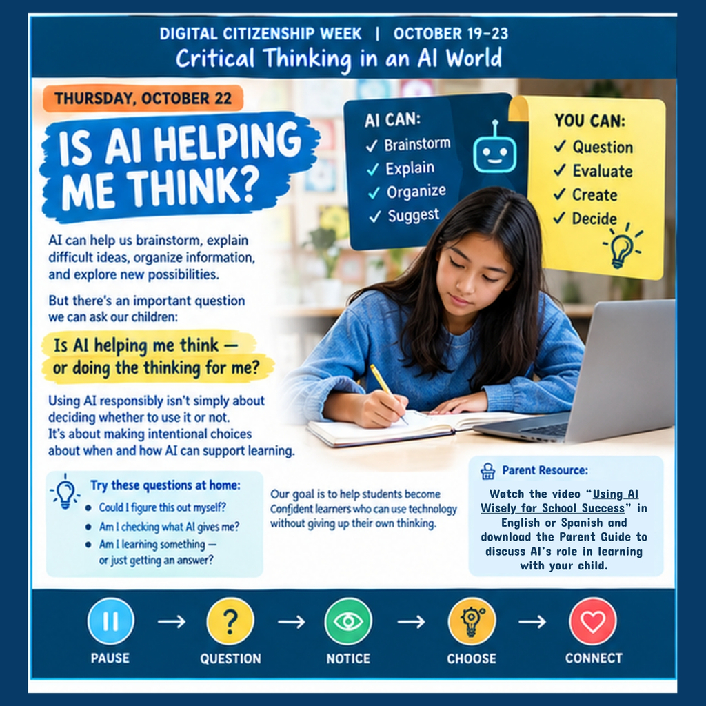 Poster for digital citizenship week with a woman writing at a desk, with a laptop open.