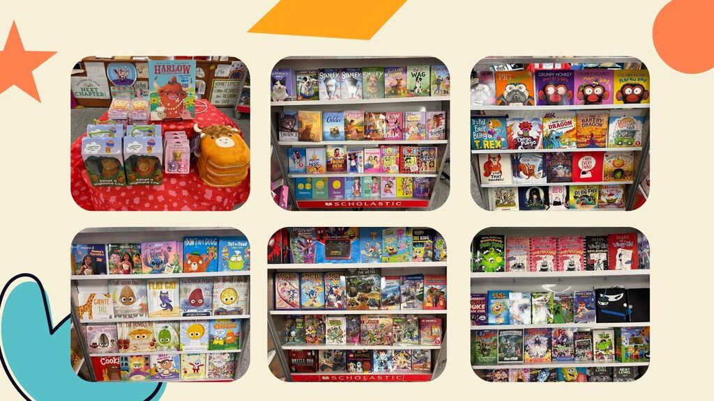 Multiple shelves displaying colorful books and toys. Yellow and orange geometric shapes in the background.