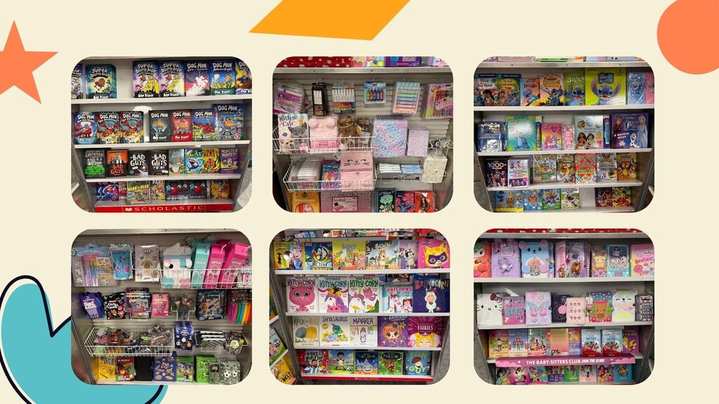 Six images of brightly colored merchandise on shelves with books, toys, and other items displayed.