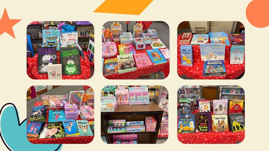 Multiple photos show a table with a red tablecloth displaying various children's books and toys.