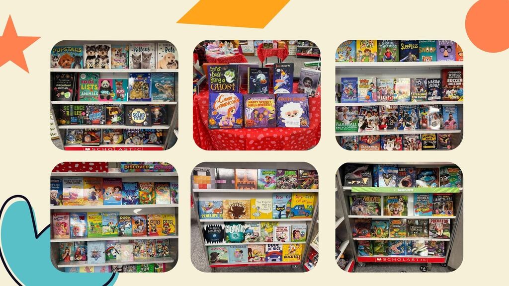 Collage of six images showing shelves filled with various books and comics in a store. Background has colorful stars and dots.