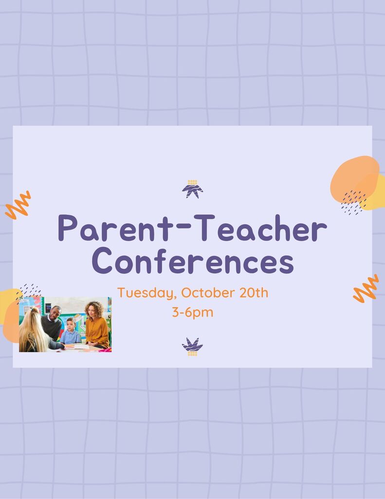 An event flyer with "Parent-Teacher Conferences" in bold. The date and time are below, along with a small image of people talking.