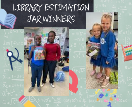 Collage shows three children with books, one with a red arrow pointing to them. Green background with math symbols.