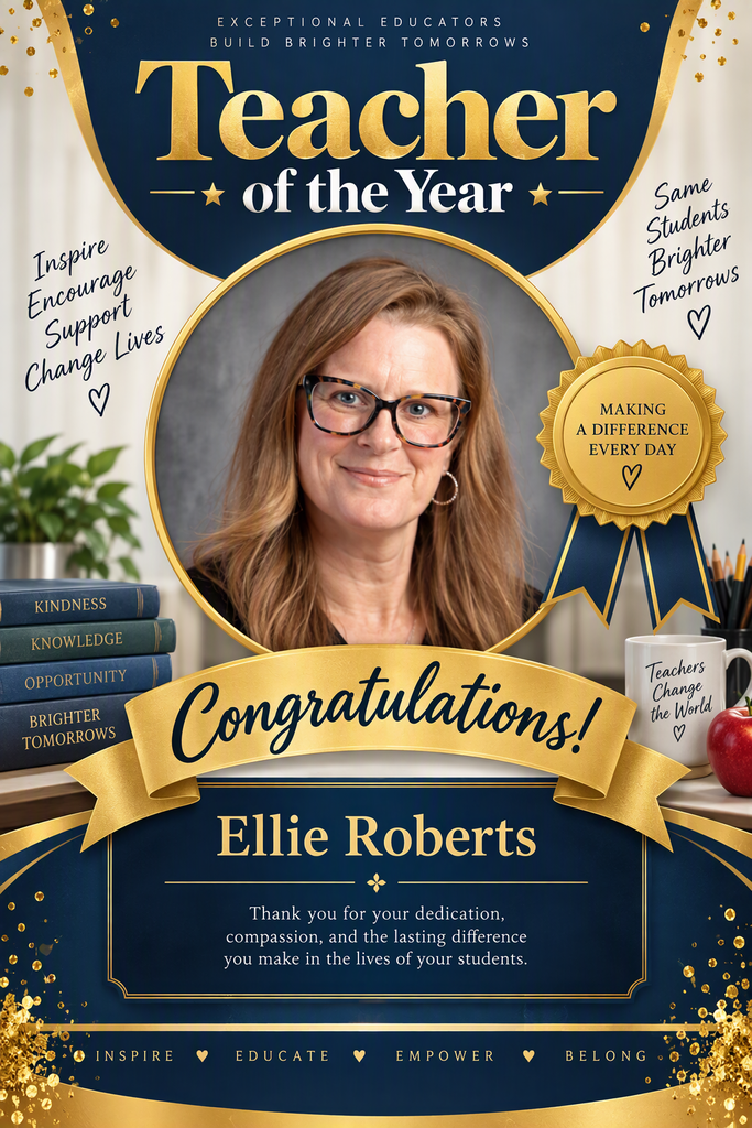 A blue and gold poster features a smiling teacher, Ellie Roberts, with words like "Teacher of the Year" and "Congratulations!" A plant, books, and a coffee mug are in the background.