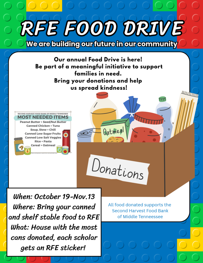 A poster with blue, white, and red background shows a box with food items, "Donations" text, and a list of needed items.