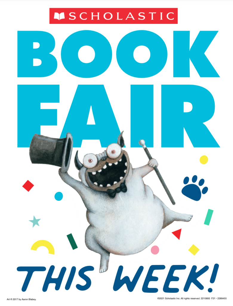 Advertisement for Scholastic Book Fair with a cartoon character in a top hat holding a wand.