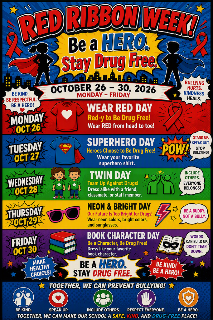 A colorful poster featuring a list of daily themes with icons, such as a superhero, glasses, and a book.