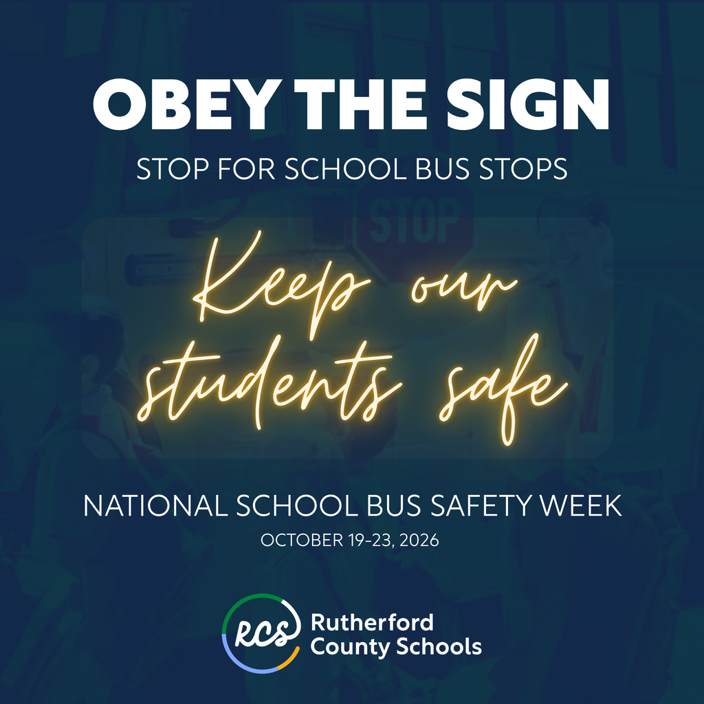 Blue background with white text. "OBEY THE SIGN STOP FOR SCHOOL BUS STOPS" in white. Neon-lit yellow text: "Keep our students safe".