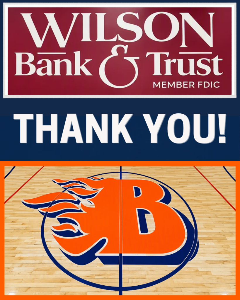 Logo for Wilson Bank and Trust with a basketball court background and a team logo with the letter B.