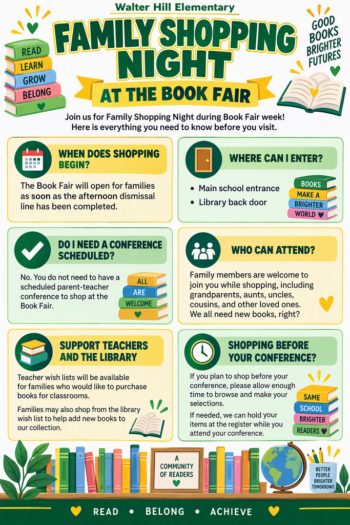 A poster lists info about Family Shopping Night at the Book Fair, including times, locations, and who can attend.