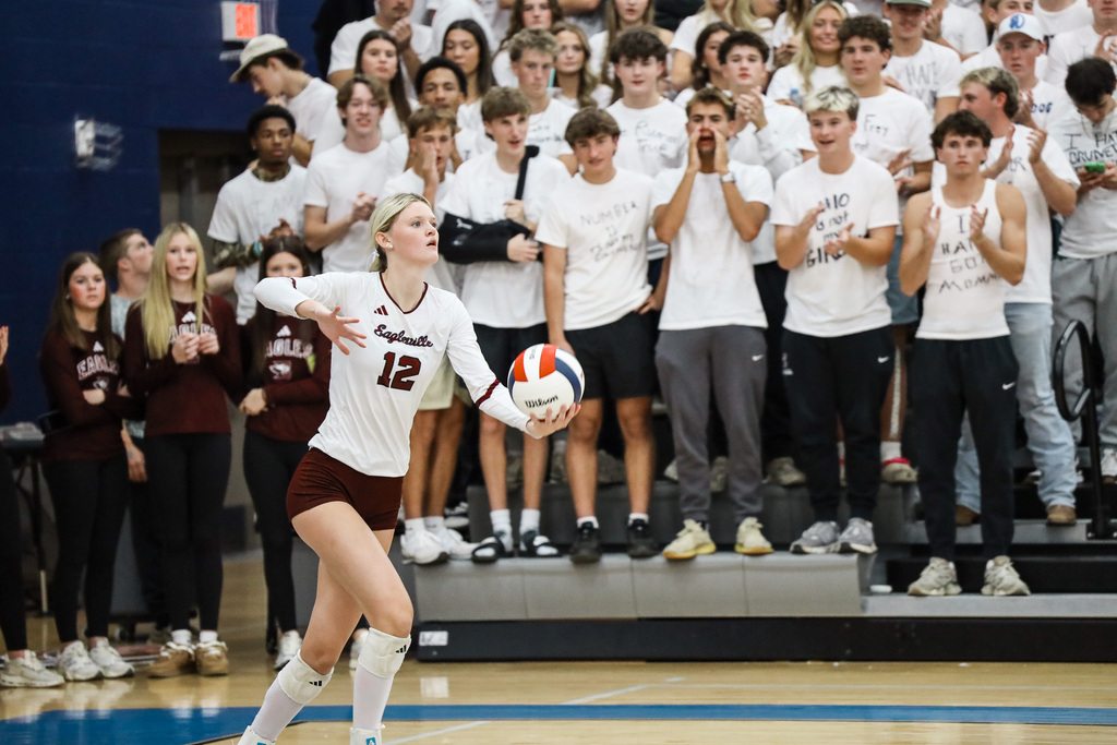 Volleyball player number 12 holding ball on court, audience in background with some clapping.