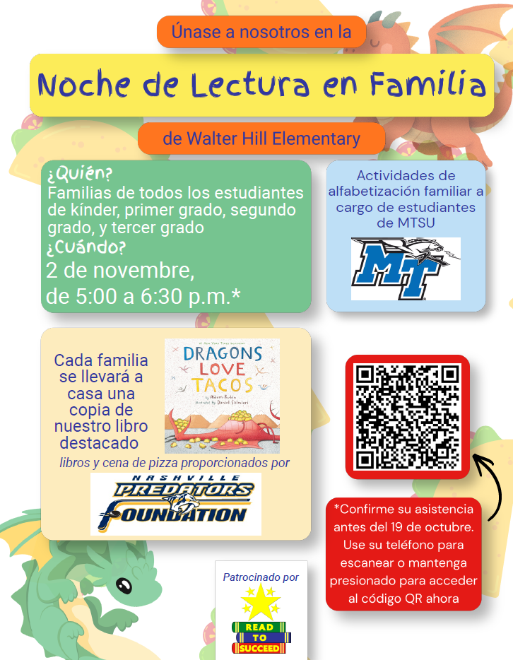 Bright poster with "Noche de Lectura en Familia" at the top. Green and blue boxes include details about event dates, family activities, and QR code.