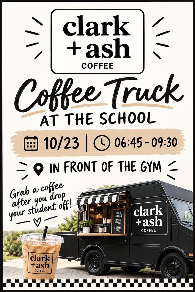 A coffee truck parked outside the school gym. The truck has a logo and text.