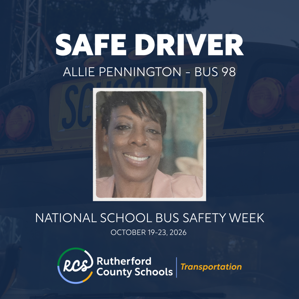 A poster features a smiling woman, Allie Pennington, and text. It includes a school bus image, a blue background, and logos.
