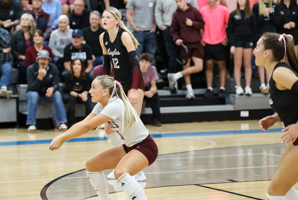 Two women playing volleyball, one crouching. Spectators sitting on bleachers behind them. Wooden floor with lines.