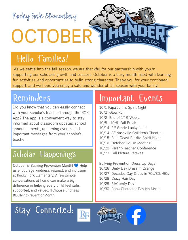 Calendar with fall events and reminders from Rocky Fork Elementary. Header shows logo, month, and greeting. Sections include important dates, events, and school happenings.