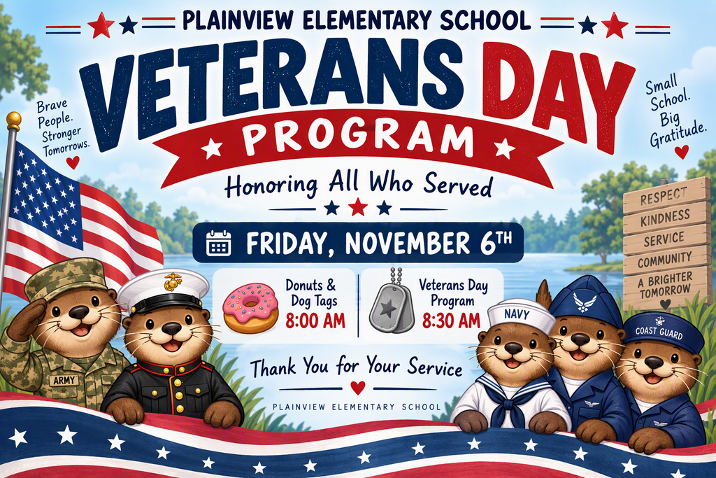 Banner for Veterans Day program. Four mascots dressed in military uniforms. American flag. Donuts and dog tags.