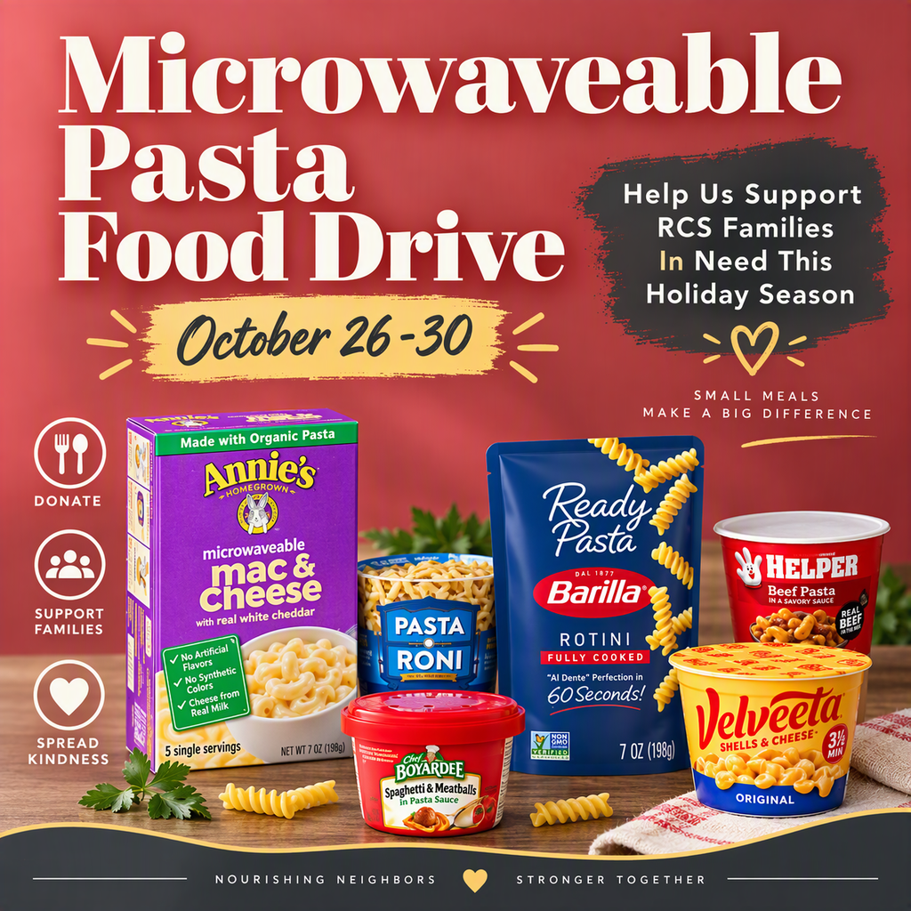 Pasta food drive flyer. Pasta boxes and containers on a table. Dates and event information in the top corners.