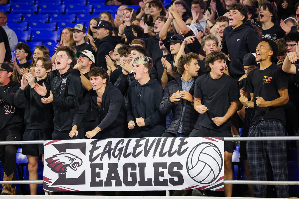 Group of students cheering in stands, many wearing black shirts, standing behind a banner with school logo.