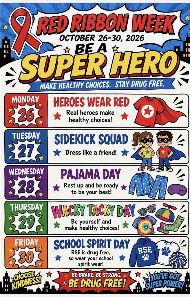 Poster with weekly themes for Red Ribbon Week. Dates 10/26-30. Each day has a theme and illustration.