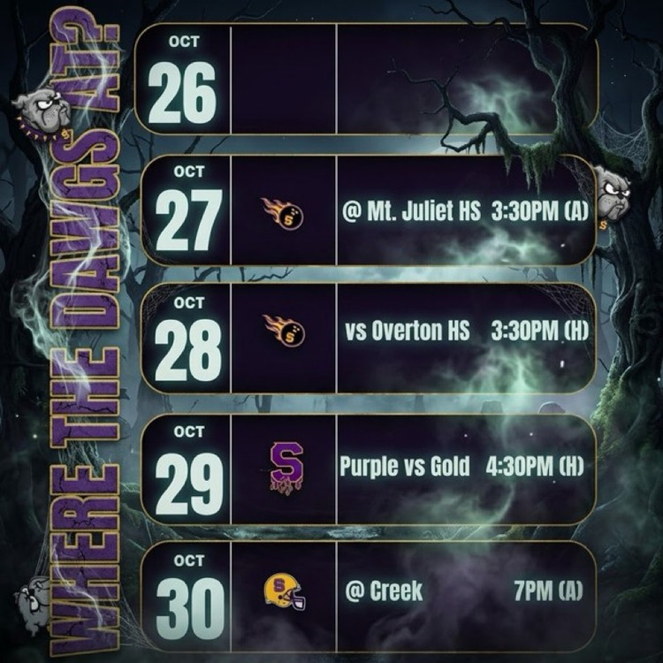 Schedule with Halloween theme, dates, opponents, and times listed in a grid layout.