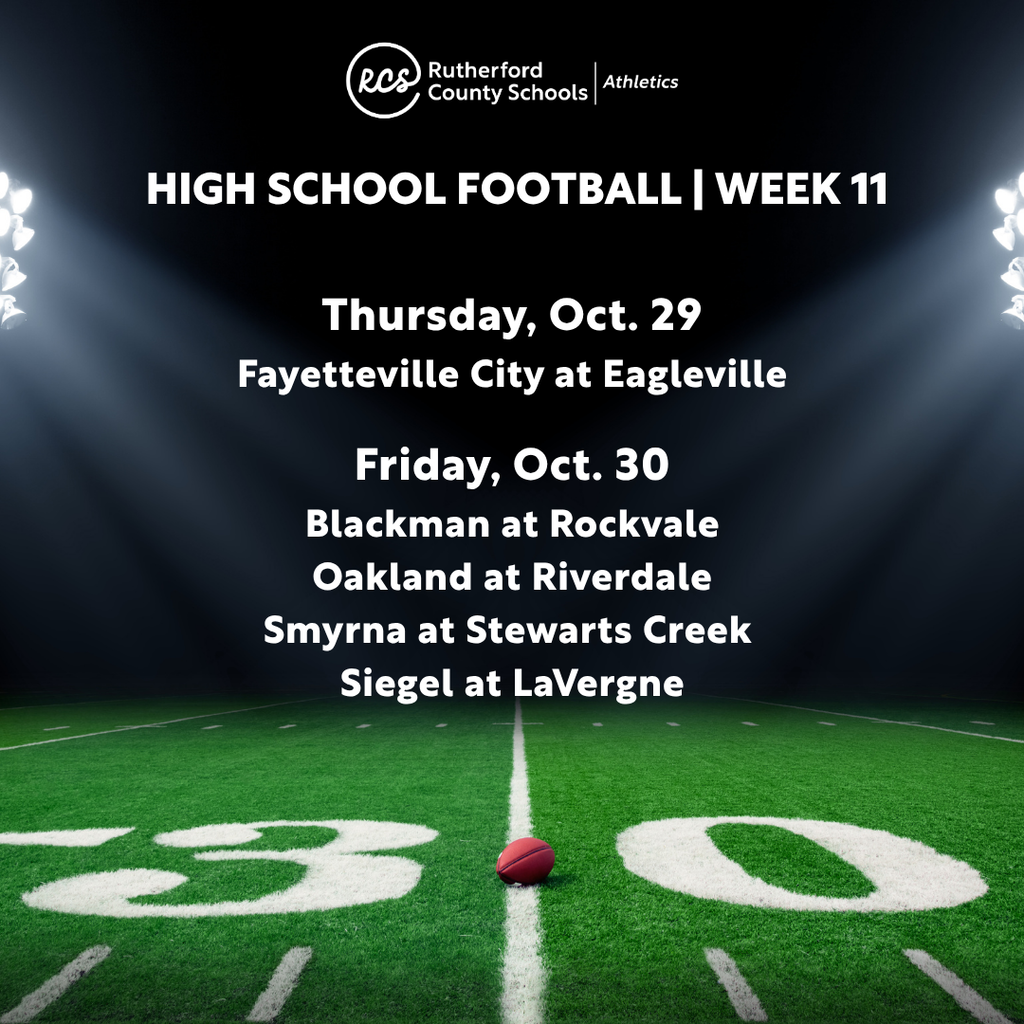 Football field with a red ball at 30-yard line. Bright stadium lights in background. Text includes "High School Football | Week 11".