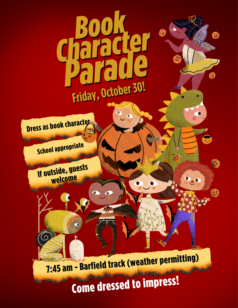 Illustration of children dressed as book characters. "Book Character Parade" text above. Time, location, and dress code info below.