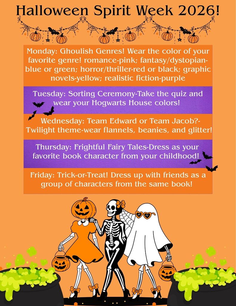 A poster with five days of themed Halloween Spirit Week 2026. Three figures in costumes are holding pumpkins.