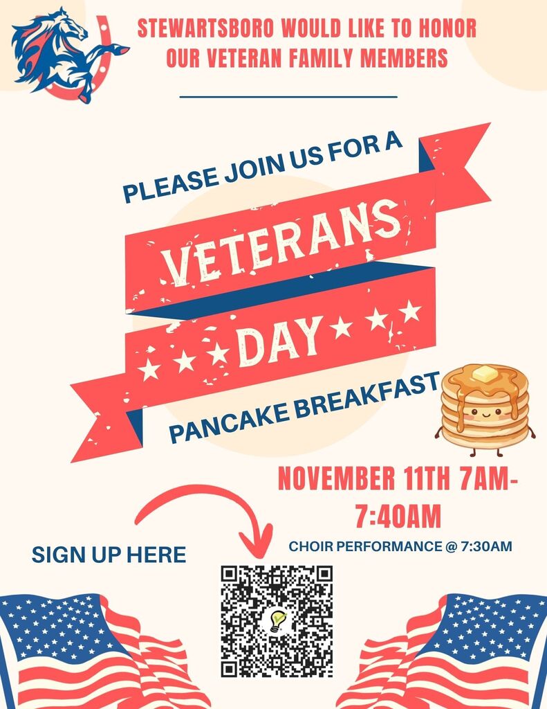 Banner shows breakfast invitation with logo, stars, and pancake image. QR code, flag graphics, and text are present.