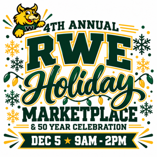 A logo shows a bear with text "4th Annual RWE Holiday Marketplace & 50 Year Celebration" and snowflakes.