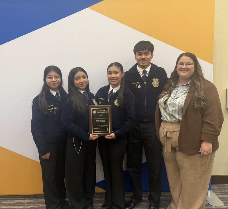 Food Science Career Development Event Team: Erianna Bernardo Lopez, Dana Porras, Emma Medina, Carlos Pena Ochea and FFA Advisor Mrs. Shaw.
