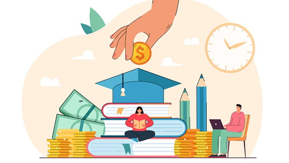 Illustration of students studying with books, money, and a graduation cap symbolizing education funding.