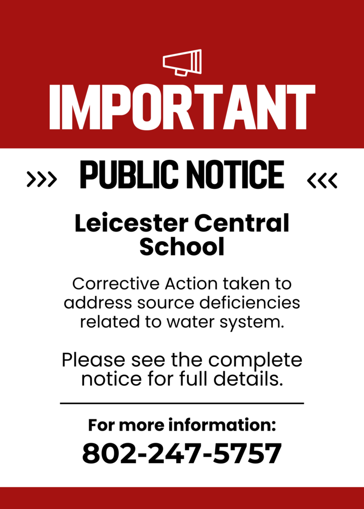 Annoucement re: Public Notice to Leciecester re: Water System corrective action