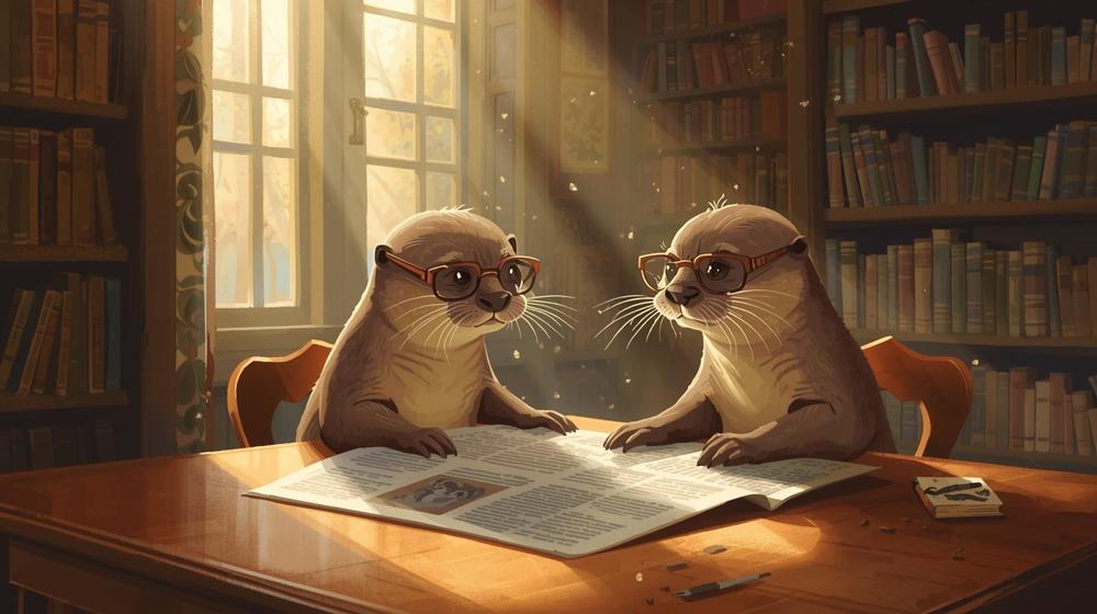 two otters wearing glasses in a library, reading a newspaper