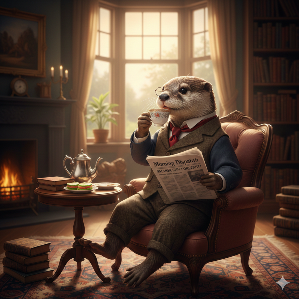 Sophisticated otter drinking tea and reading the newspaper in the study.