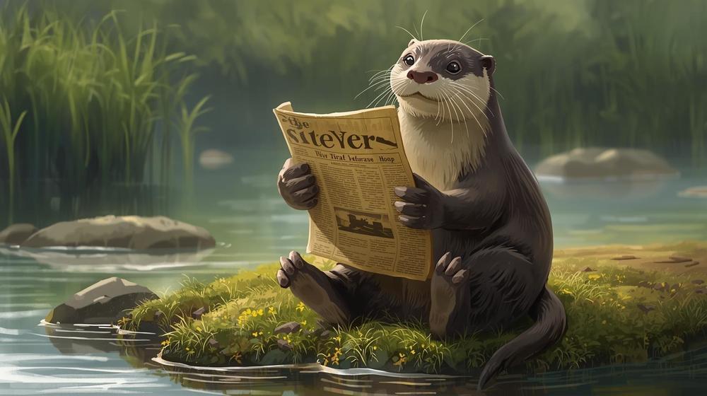 Otter sitting on grass by river reading a newspaper