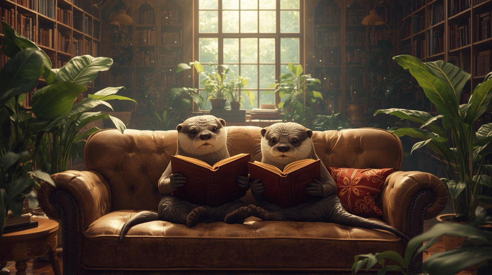 Otters reading books on a comfy couch in the library