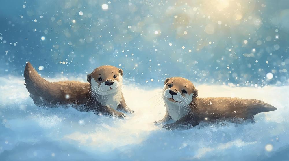 Otters playing in the snow with a sparkly background