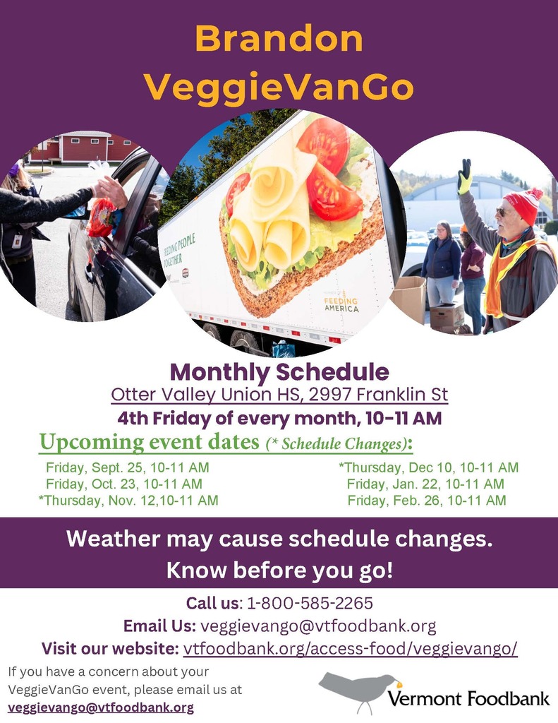 Veggie Van Go Flyer with contact information and event schedule through Februar 2027