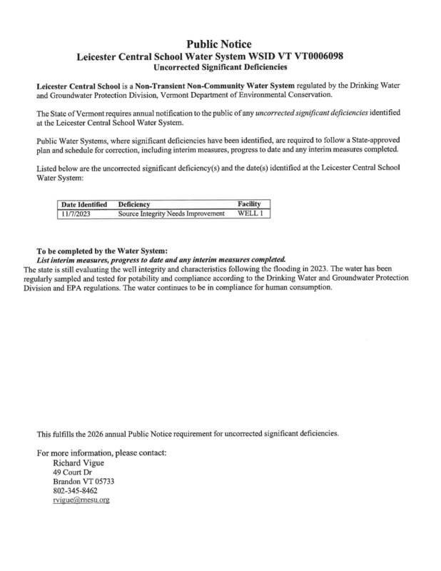 Public Notice for Leicester School re: Corrective  Action taken for Well 1