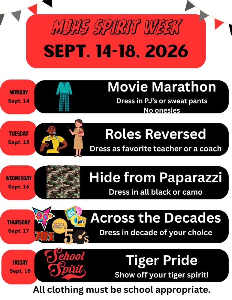MJHS Spirit Week - Sept. 14 - 18, 2026