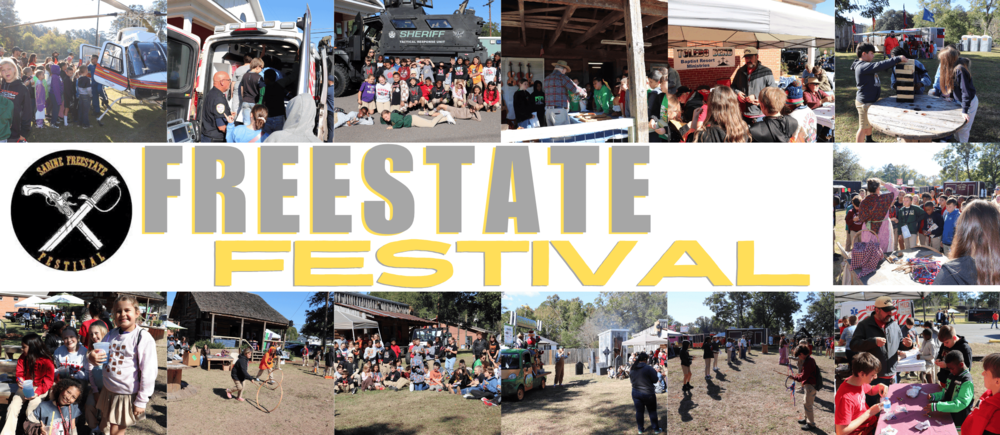 Freestate Festival collage with various photos of festival activities and participants. At the center, 'FREESTATE FESTIVAL' is displayed in large block letters, with 'FREESTATE' in gray and 'FESTIVAL' in yellow below it. To the left of the text, there's a logo with two crossed rifles and the words 'Sabine Freestate Festival.' Surrounding the title are photos of people engaged in festival activities: children and families gathering around displays, people learning about historical artifacts, a sheriff's booth, games, and an inflatable attraction. The bottom row features crowds, a historical reenactor, festival staff assisting visitors, and children watching a large construction vehicle demonstration. The event appears to celebrate community, history, and local culture.