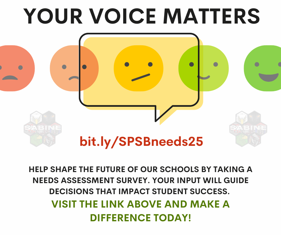bit.ly/SPSBneeds25 Help shape the future of our schools by taking a short survey. Your input will guide decisions that impact student success. Open to all families of Sabine Parish students. bit.ly/SPSBneeds25